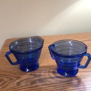 Blue Glass Striped Sugar and Creamer set. No lid
